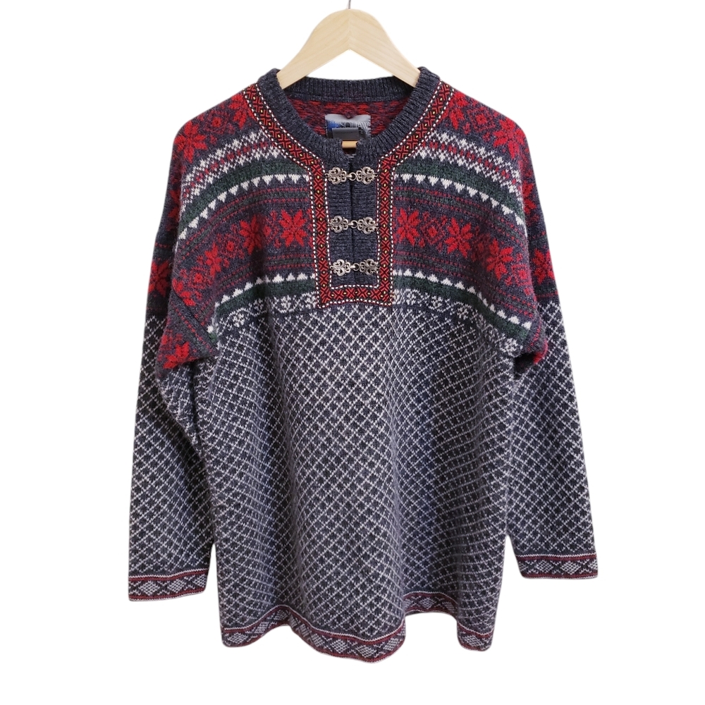 Squaw Valley Wool Nordic Fairisle Patterned Sweater Ornate Metal Clasps Sz L